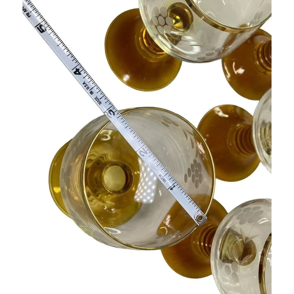 7 Roemer Amber Brown Beehive‎ Etched Grapes Gold Trim Wine Glasses Vintage